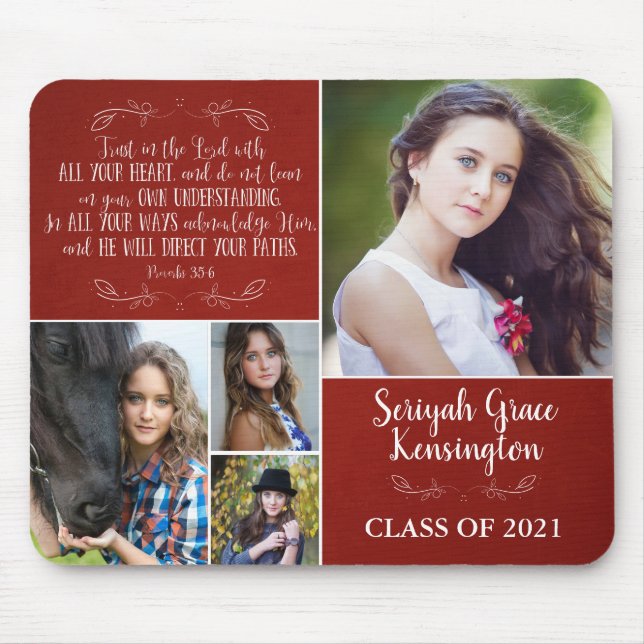 Mousepad Red Christian Verse Graduation 4 Photo Collage (Frente)