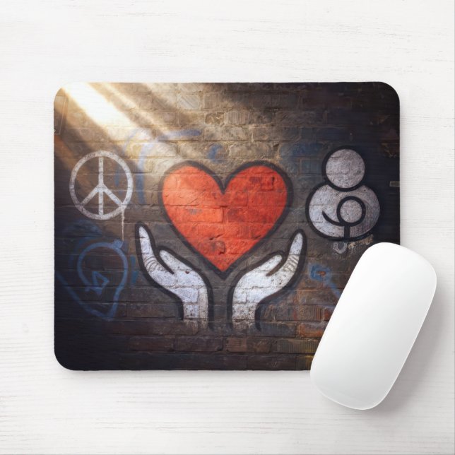 Mousepad Red Heart with Hands Graffiti On a Brick Wall (Com mouse)