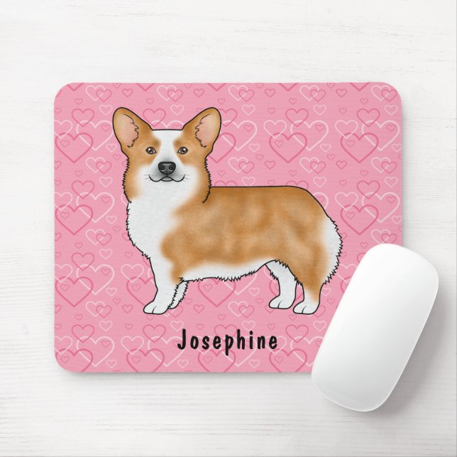 Mousepad Red Pembroke Welsh Corgi Em Corações Rosa Com Nome (Com mouse)