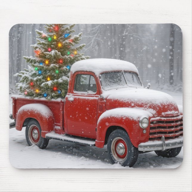 Mousepad Red Retro Truck With Christmas Tree (Frente)