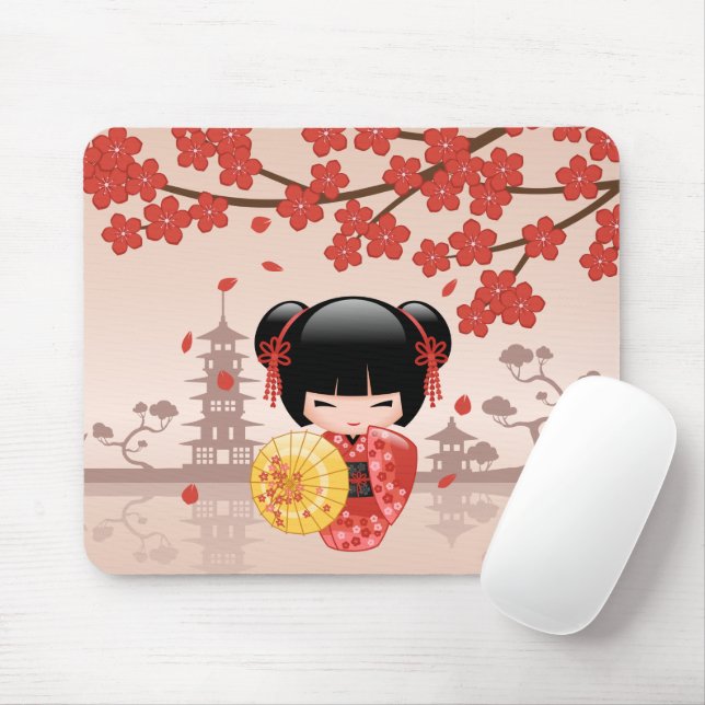 Mousepad Red Sakura Kokeshi Doll - Geisha Japonês (Com mouse)