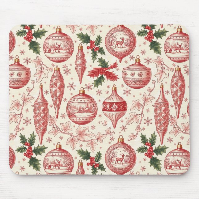Mousepad Red Toile Chinoiserie Christmas Ornaments (Frente)
