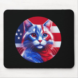 Mousepad Red White & Blue Cat With American Flag Background