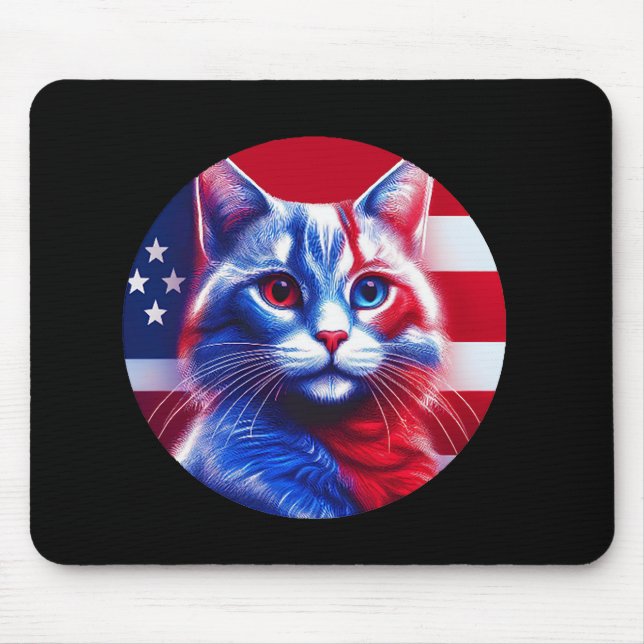 Mousepad Red White & Blue Cat With American Flag Background (Frente)