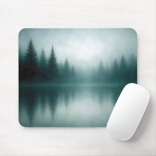 Mousepad Reflexo da árvore de pinho enevoada na água do lag (Com mouse)
