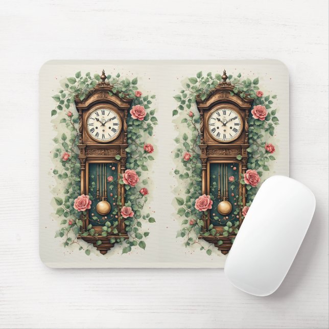 Mousepad Relógio Antigo Rodeado por Rosas e Vinhas (Com mouse)