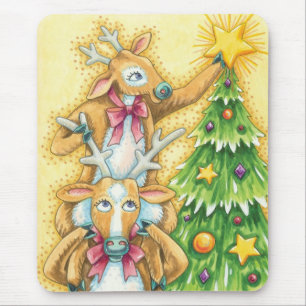 Mousepad Rena de Natal Fofa Com Estrela de Árvore de Natal