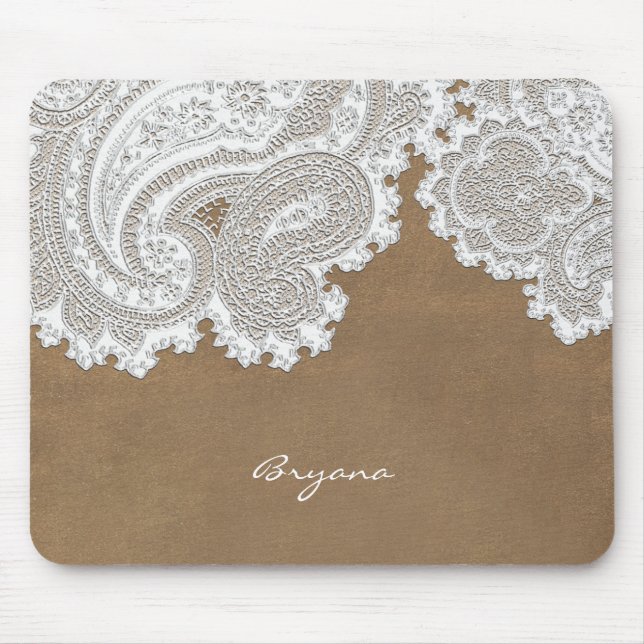 Mousepad Renda Branca & Marrom Rústico Chic Elegante Campo (Frente)
