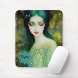 Mousepad Retrato da Mulher Fantasia Elegante em Verde e Azu