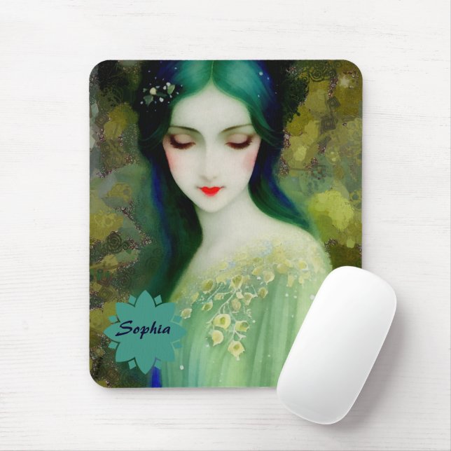 Mousepad Retrato da Mulher Fantasia Elegante em Verde e Azu (Com mouse)