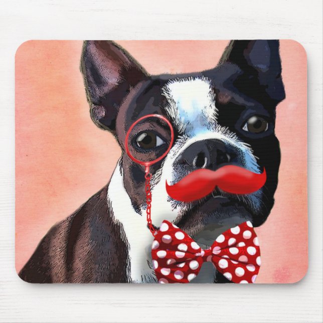 Mousepad Retrato de Boston Terrier com gravata de Arco verm (Frente)