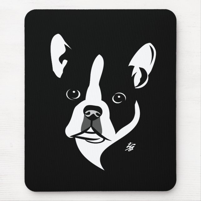 Mousepad Retrato de Boston Terrier Preto e Branco (Frente)