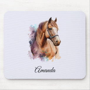 Mousepad Retrato de cabeça de cavalo marrom em aquarela