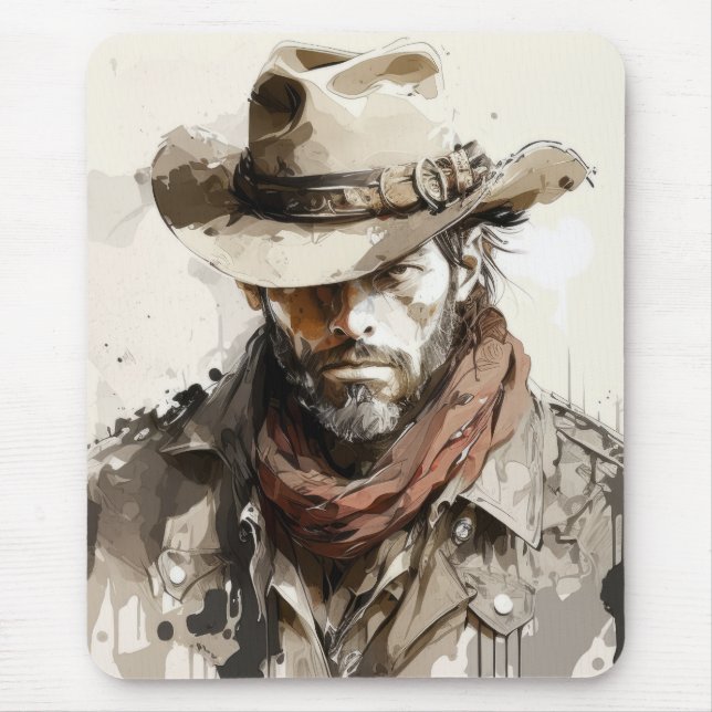 Mousepad Retrato de Cowboy Ocidental pintando cavalos histó (Frente)