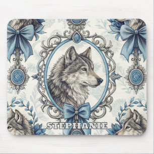 Mousepad Retrato do Lobo de inverno em azul Ornamentado e q