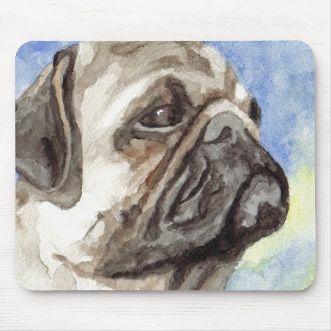 Mousepad Retrato em Aquarela de Pug (Frente)