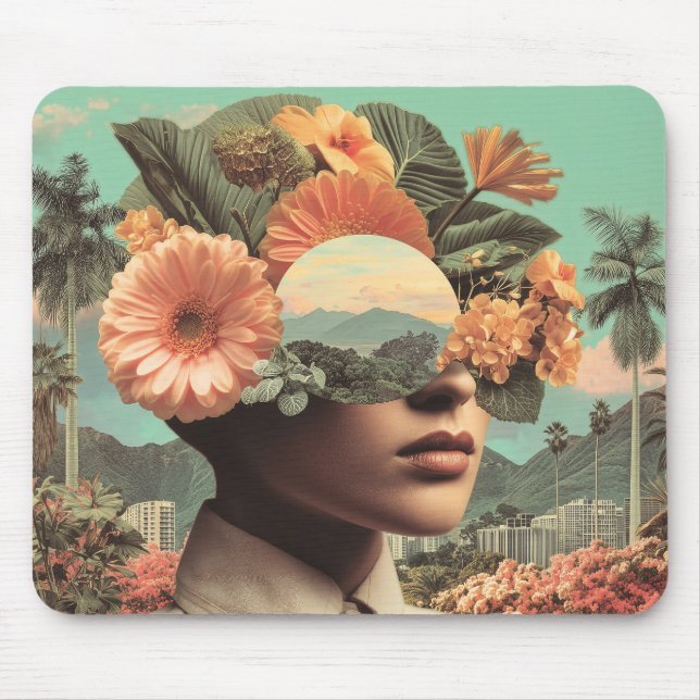 Mousepad Retrato Feminino Surrealista com Elementos Florais (Frente)