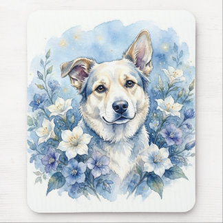 Mousepad Retrato Floral Botânico de Cachorro em Aquarela