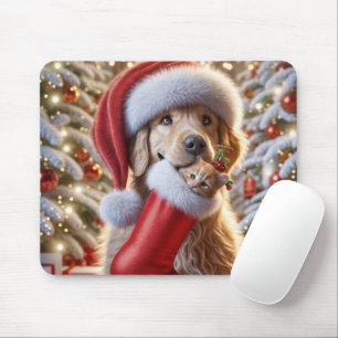 Mousepad Retriever de ouro com Ginger Kitten em um Stocks