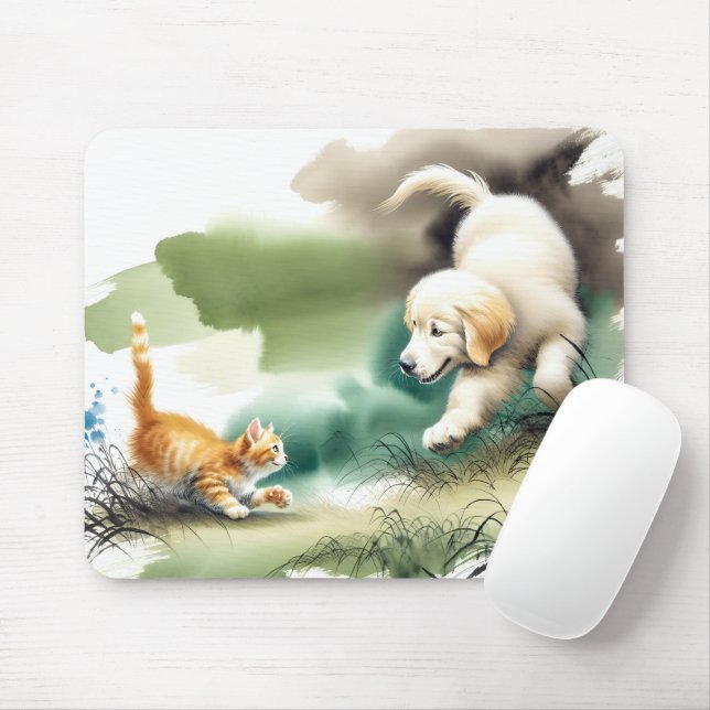 Mousepad Retriever de ouro e Ginger Kitten (Com mouse)