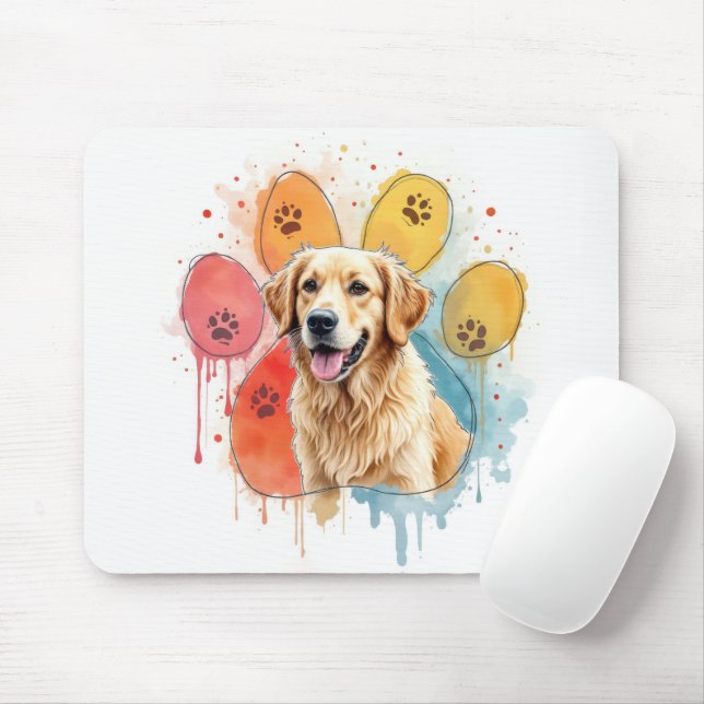 Mousepad Retriever de ouro em Impressão de Pata de Aquarela (Com mouse)