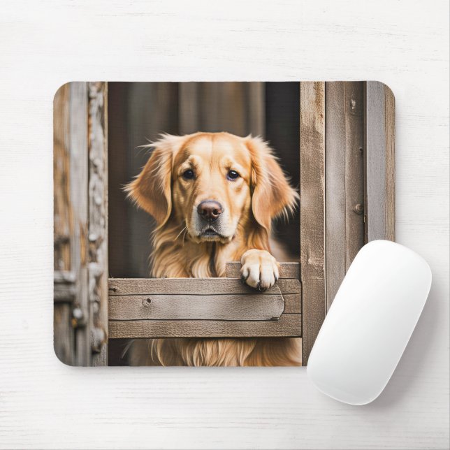 Mousepad Retriever De ouro Na Janela Barn (Com mouse)