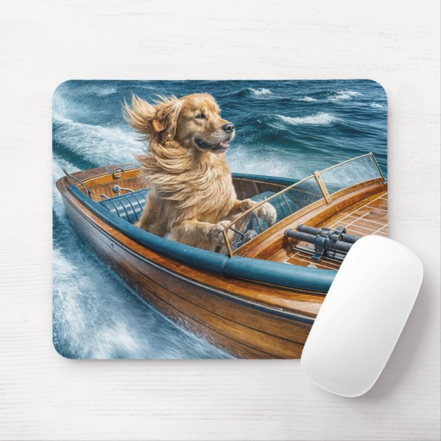 Mousepad Retriever De ouro No Barco Motor De Madeira (Com mouse)