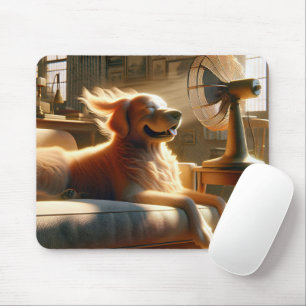 Mousepad Retriever de ouro sentado na frente do ventilador