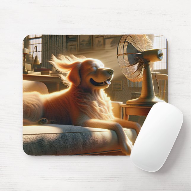 Mousepad Retriever de ouro sentado na frente do ventilador (Com mouse)
