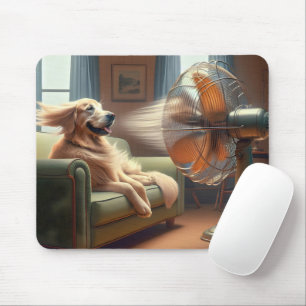 Mousepad Retriever de ouro sentado na frente do ventilador