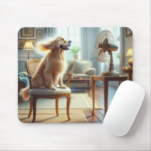 Mousepad Retriever de ouro sentado na frente do ventilador