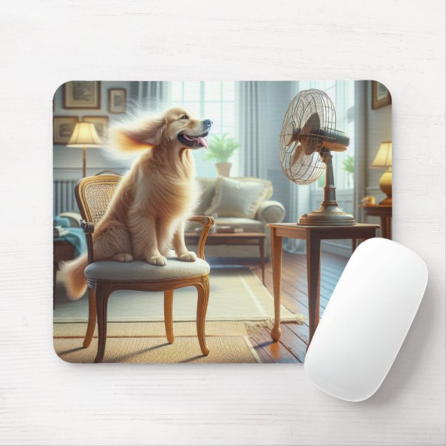 Mousepad Retriever de ouro sentado na frente do ventilador (Com mouse)