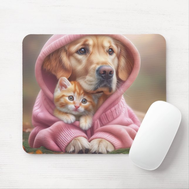 Mousepad Retriever ouro e Kitty em Hoodie Rosa (Com mouse)