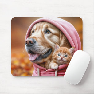 Mousepad Retriever ouro e Kitty em Hoodie Rosa