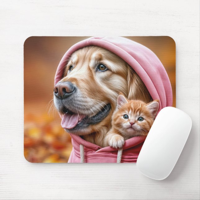 Mousepad Retriever ouro e Kitty em Hoodie Rosa (Com mouse)