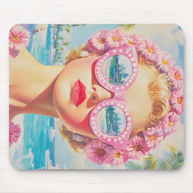 Mousepad Retro Beach Girl com óculos de sol florais (Frente)