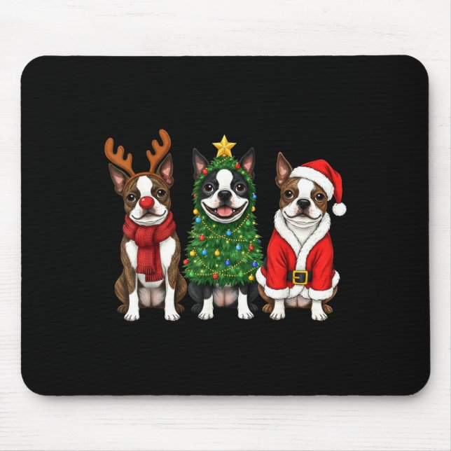 Mousepad Retro Christmas Boston Terrier Santa Reindeer Dog  (Frente)