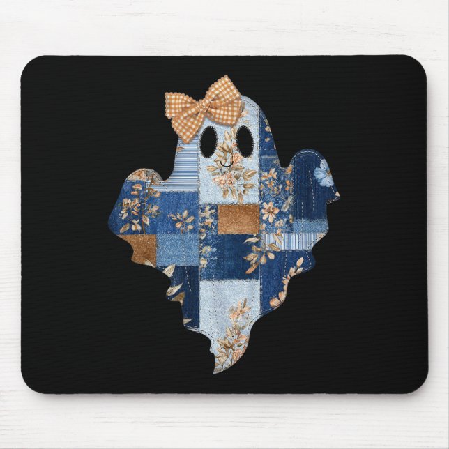 Mousepad Retro Halloween Blue Denim Patchwork Ghost Boo Coq (Frente)