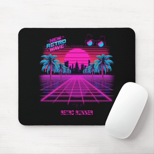 Mousepad Retro Synthwave Vaporwave Neon Grid Paisagem dos A (Com mouse)