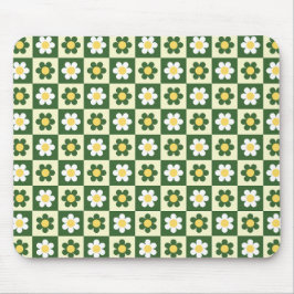 Mousepad Retro Verde Sage e Creme Xadrez de Margaridas 