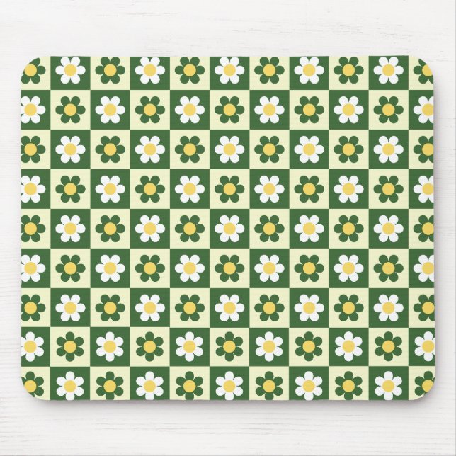 Mousepad Retro Verde Sage e Creme Xadrez de Margaridas  (Frente)