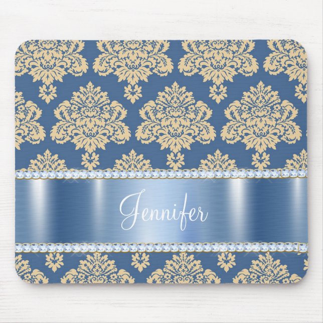 Mousepad Rhinestones Damask Metálico Azul, Personalizado (Frente)