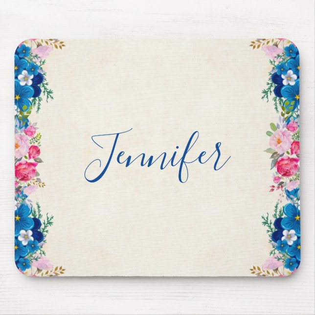 Mousepad Rico de Quadro de Flor Rosa e Azul (Frente)