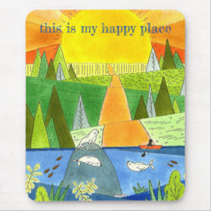 Mousepad Rio Selado Caiaque Nascer do Sol Lugar Feliz Arte 