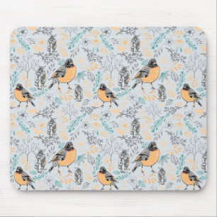 Mousepad Robin Bird Mama e Baby Summer Brood com Flores