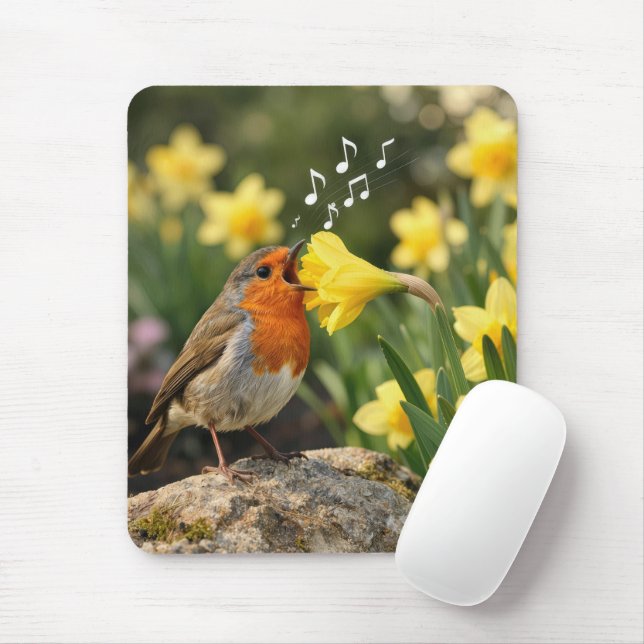 Mousepad Robin Cantando em um Narciso de Primavera (Com mouse)