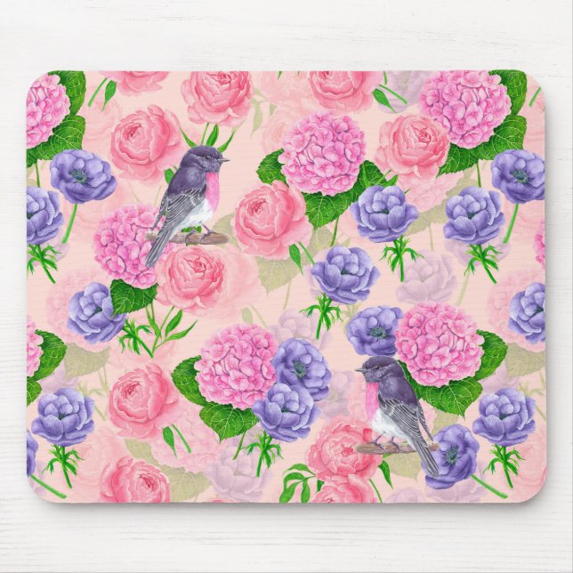 Mousepad Robin e flores, padrão de aquarela (Frente)