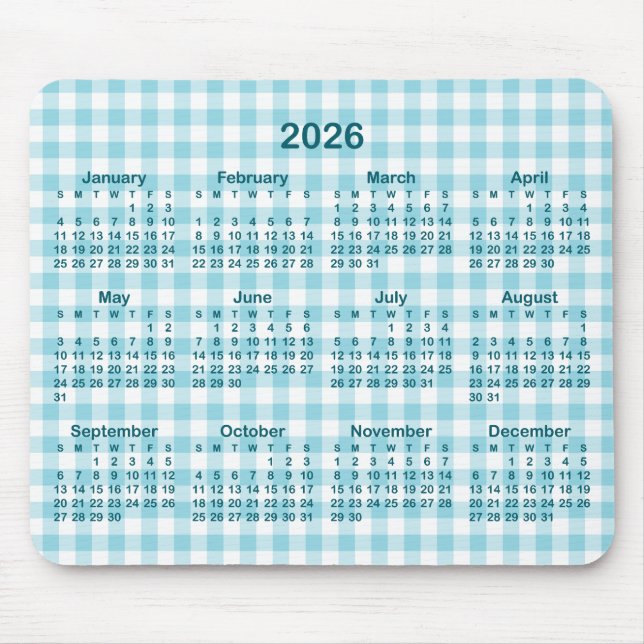 Mousepad Robin Egg Blue Gingham Plaid 2026 Calendar (Frente)