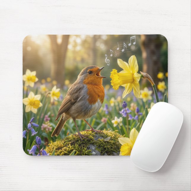Mousepad Robin Singing Into a Daffodil (Com mouse)
