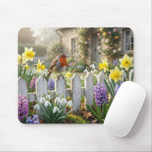 Mousepad Robin Sobre uma Cerca de Jardim de Primavera